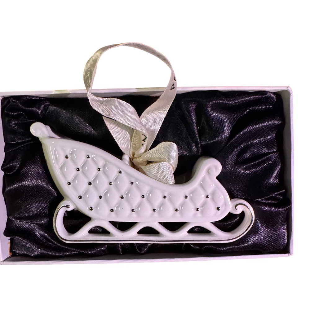 Pandora 2014 Holiday Sleigh Ornament White Ceramic with Gold Trim and Ribbon